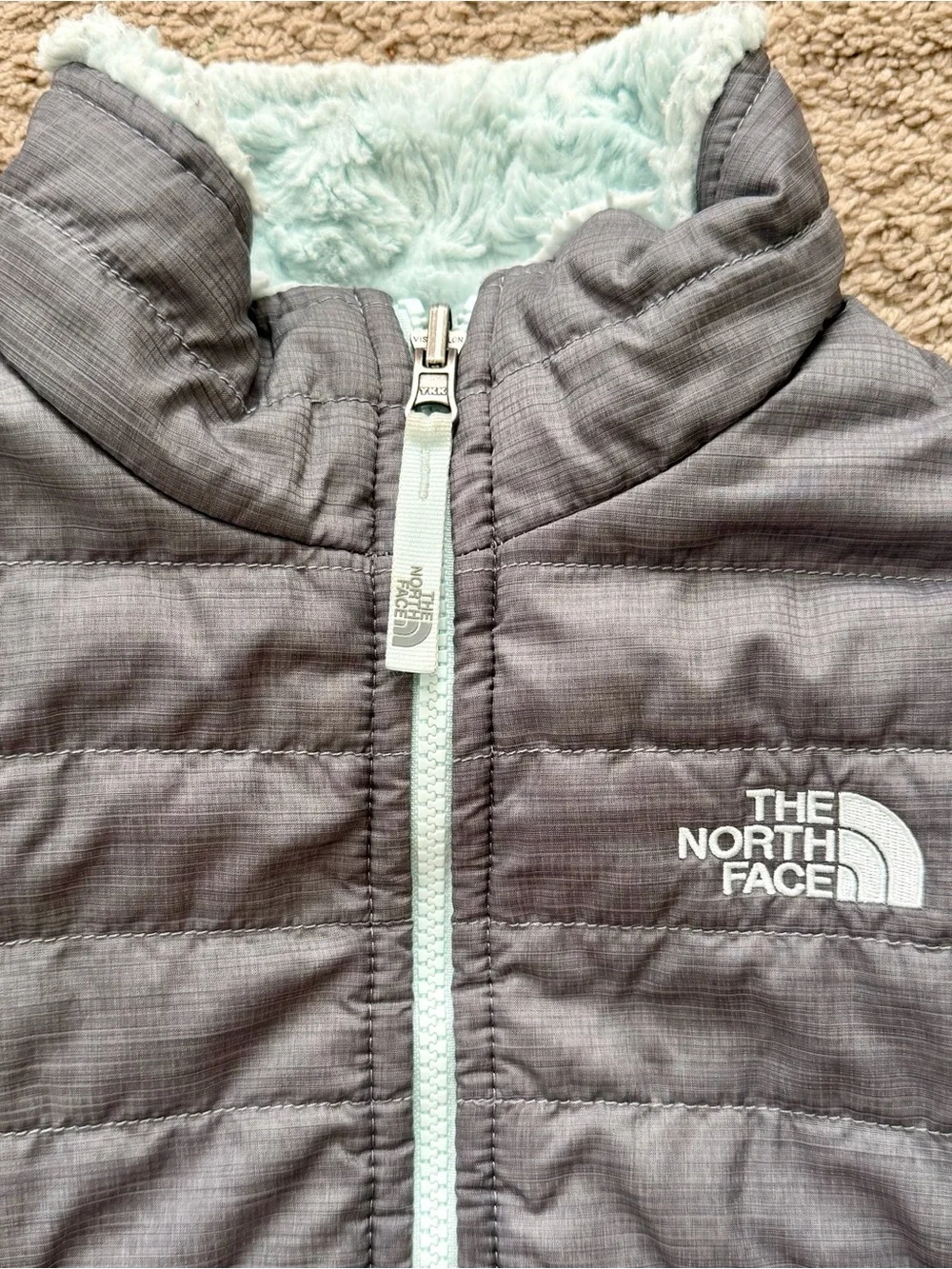 The North Face Kids Sz 10/12 Reversible Jacket Gray Green Puffer Fleece Coat